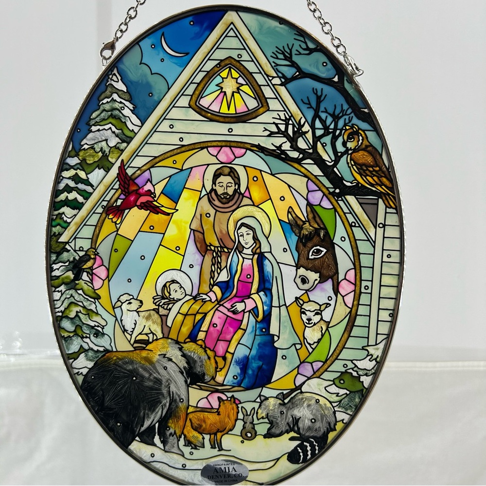 Oval Acrylic Hand‎ Painted Nativity Scene Suncatcher Or Hanging Ornament By Amia
